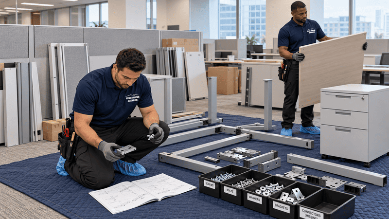 Two technicians inspecting office desk components, hardware, and manufacturer instructions before assembly