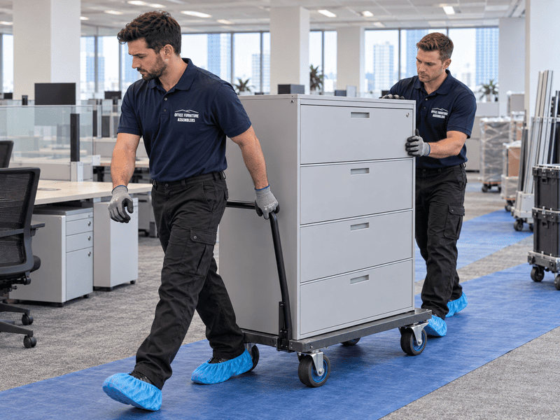 Two workers in a bright office move a gray filing cabinet on a wheeled dolly, wearing gloves and blue shoe covers