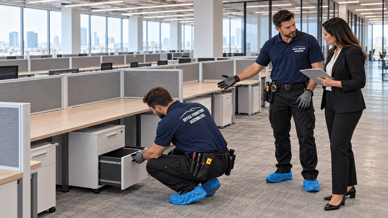 Office furniture technicians and a facilities manager inspecting completed commercial workstations