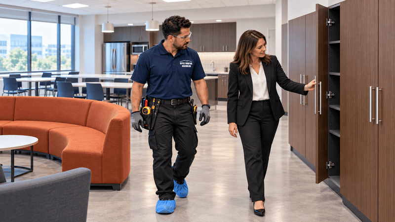 Two people walking through a modern office hallway, one opening a wooden door.