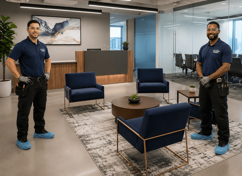 Two security guards stand in a modern office lounge with blue chairs, a rug, and a framed wall photo.