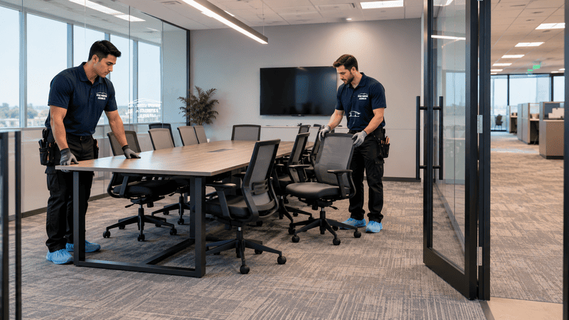 Office furniture installers arranging a conference room to maintain a clear entrance
