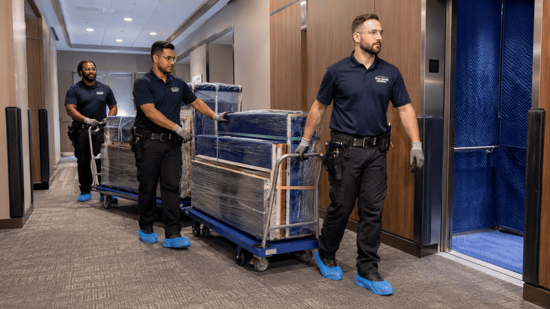Three workers in navy uniforms move a loaded cart down a hotel hallway.