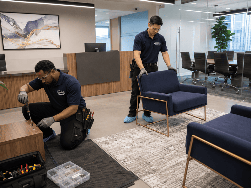 Two workers assembling dark wood office furniture in a modern office, with tools and panels on the floor