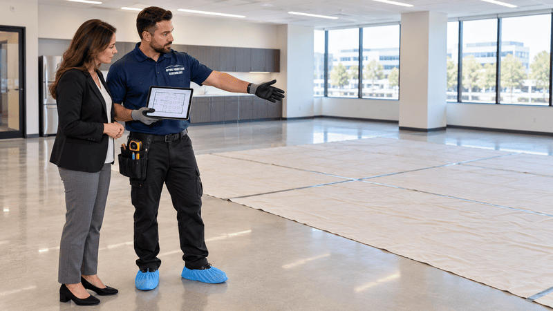 Two people discussing a room layout, pointing at floor coverings in a bright empty office space