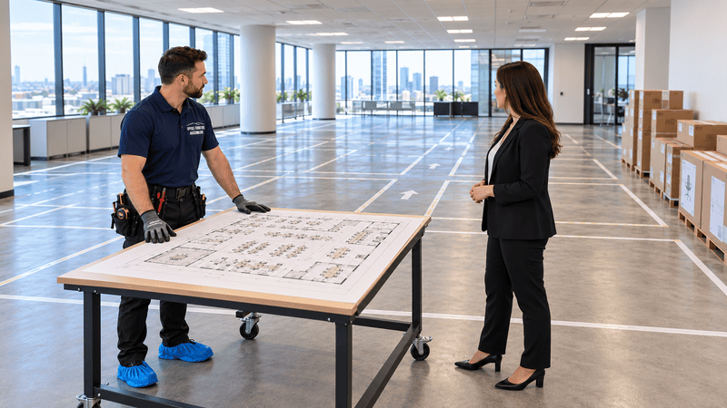 Office furniture project lead reviewing a corporate workplace layout with a facilities manager