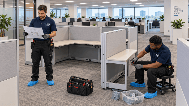 Office furniture technicians following a workstation reconfiguration plan in an active corporate office