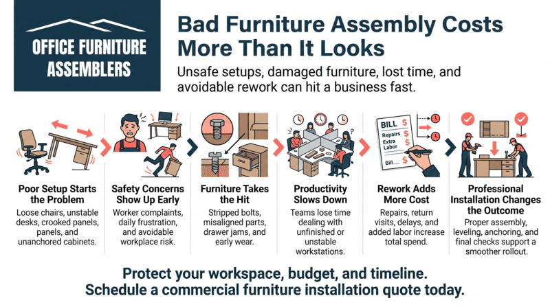 Furniture assembly service ad with dark blue background, headline, icons, and call to schedule installation.