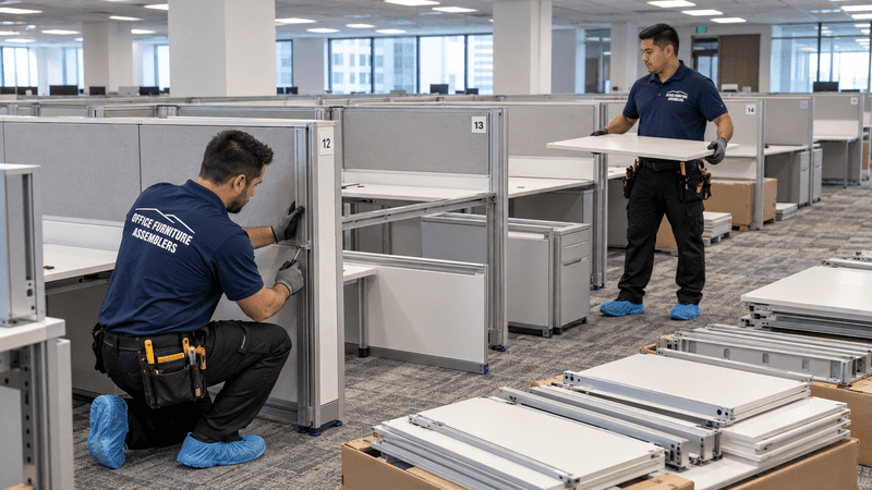 Office furniture installers sequencing cubicle panel connections and desktop placement across a commercial office