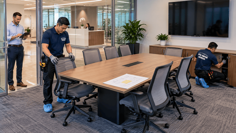 Technicians completing a conference-room furniture setup while a facility manager checks the room schedule