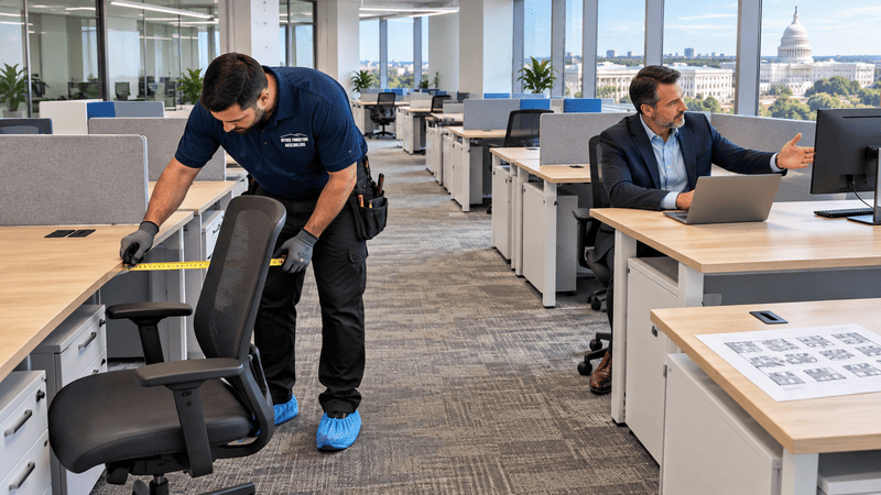 Technician measuring workstation chair clearance while an office manager reviews the planned desk layout