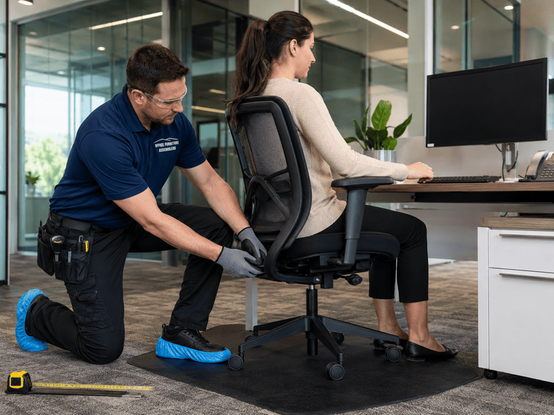 Technician adjusting a woman’s office chair in a modern workspace
