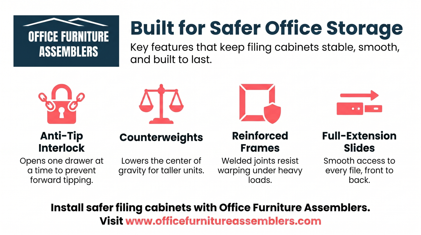 Office furniture safety infographic with four red icons on white background, promoting anti-tip, counterweight, reinforced frame, and full-extension drawers