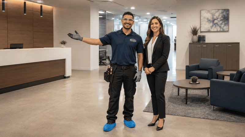 Two smiling staff members stand in a modern hotel lobby, one gesturing toward the reception desk.