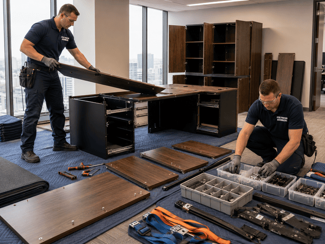 Two workers assembling dark wood office furniture in a modern office, with tools and panels on the floor