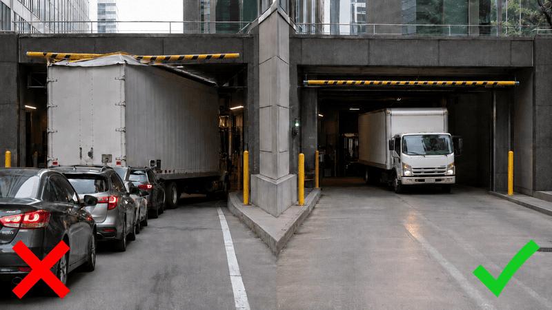 Truck loading dock with a low car marked X on the left and a truck marked check on the right