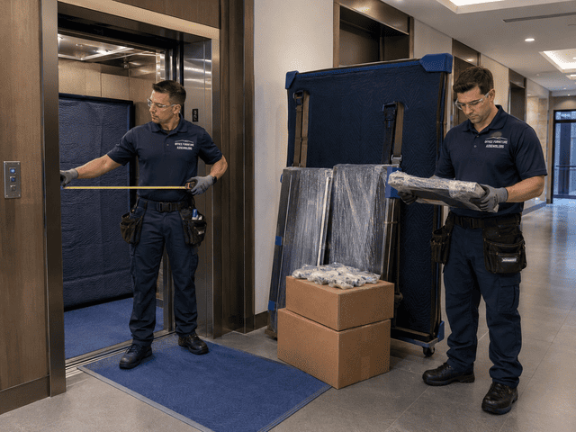 Two movers in navy uniforms unload boxed items from an elevator in a hallway.