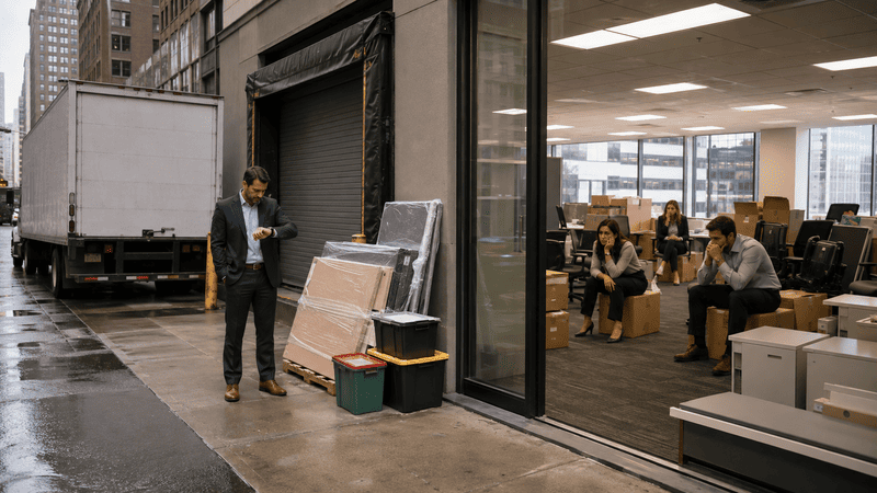 Man walking past a warehouse entrance beside a glass office with people working inside