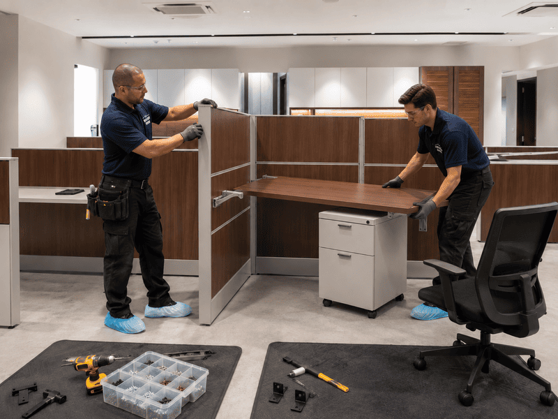 Two workers assembling brown office cubicle partitions in a room with tools on the floor.