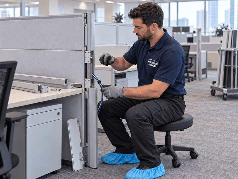 Technician crouches beside an office cubicle, adjusting wiring with a tool.