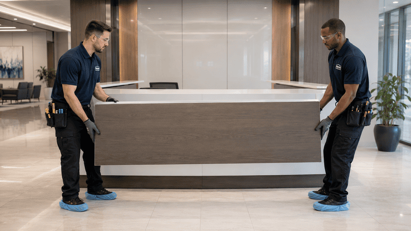 Two hotel staff in navy uniforms move a large front desk in a lobby.