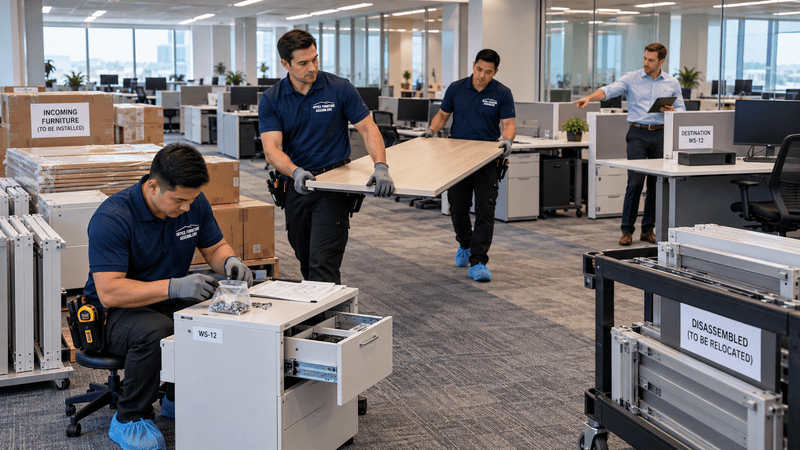 Office furniture technicians relocating a desktop and labeling disassembled components during a phased workspace rearrangement