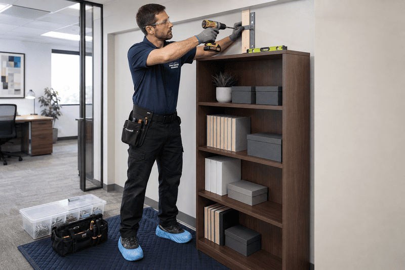 Technician using a drill to secure a tall bookshelf in an office hallway