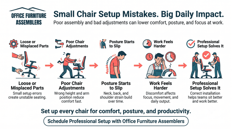 Infographic on chair setup mistakes and fixes, with six labeled tips for better comfort and productivity.