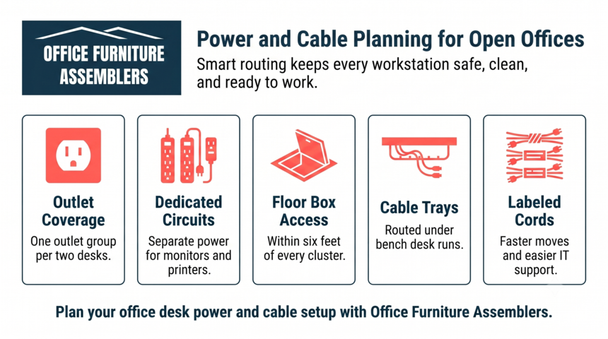 Infographic on open-office power and cable planning with five red-and-white setup icons.