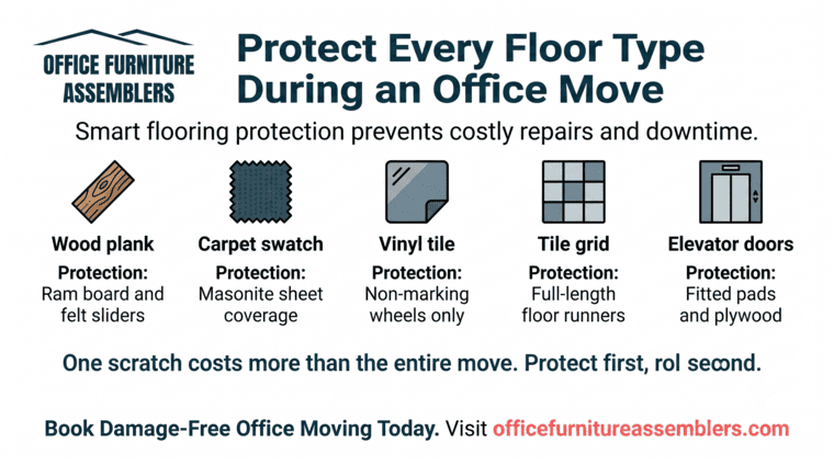 Office Furniture Assemblers promo with floor protection options and website URL on white background