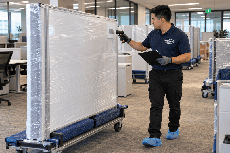 Worker in blue gloves and shoe covers moving a wrapped cabinet on a cart in an office setting