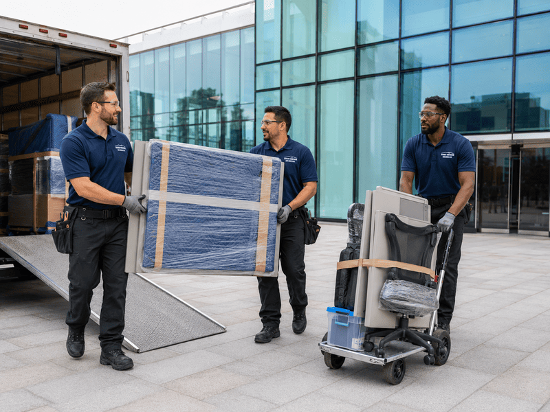Three workers in navy uniforms carry equipment outside a modern glass office building.