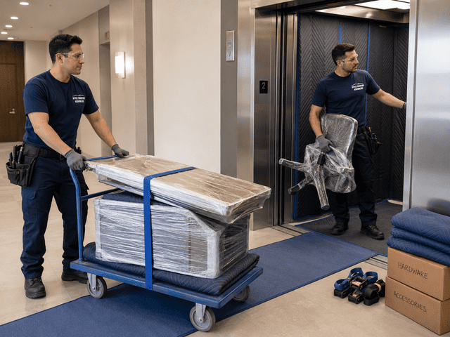Workers unload furniture from a truck at an apartment building entrance.