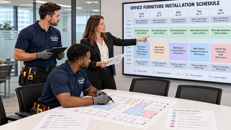 Office manager reviewing an installation calendar with office furniture assembly contractors