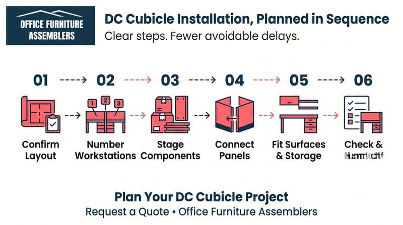 Cubicle installation sequence infographic with six red steps from layout confirmation to cleanup and handoff