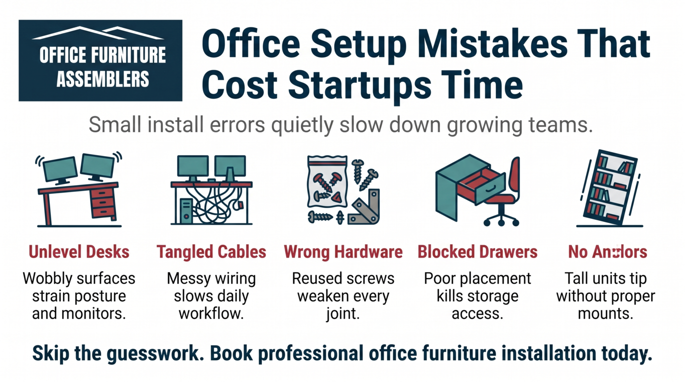 Infographic on office setup mistakes slowing startups, with five labeled desk and furniture errors.
