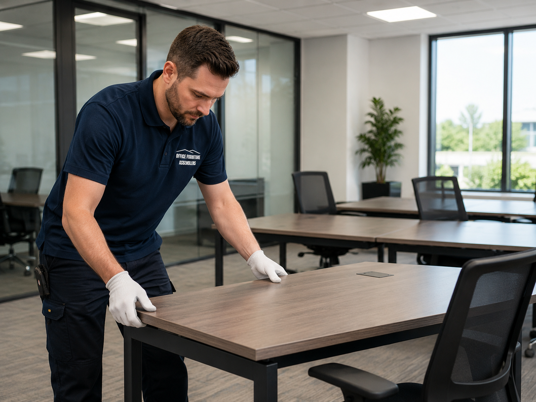 Man in gloves moving a wooden conference table in a modern office with chairs and large windows