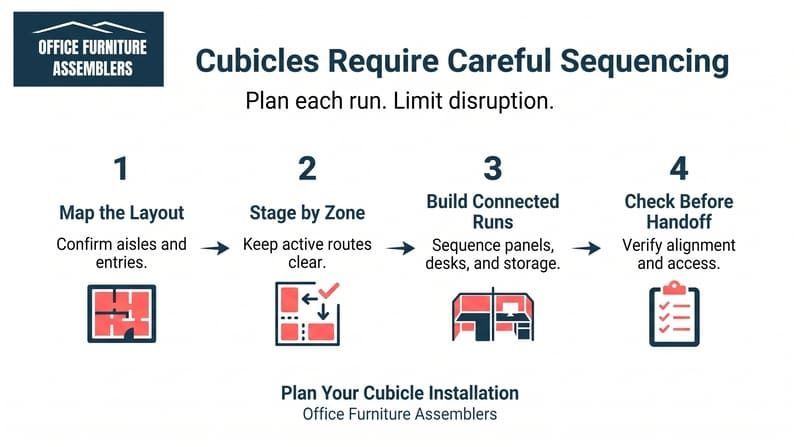 Infographic on cubicle installation sequence: map, stage, build, check, with numbered steps and small illustrations