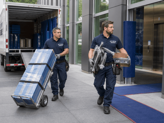 Two workers unloading stacked cargo boxes from a truck outside a glass-fronted building