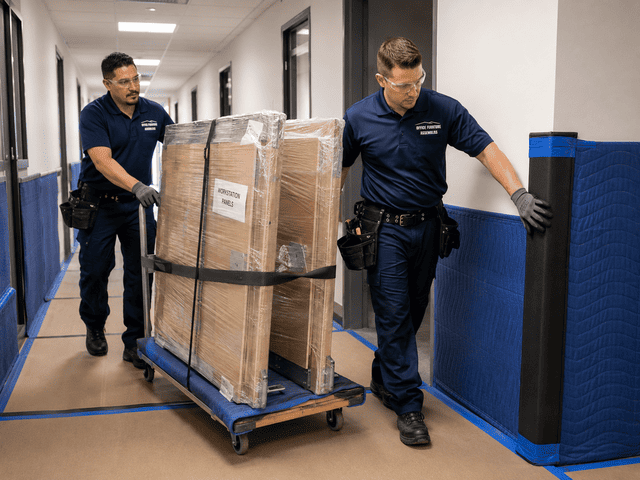 Two workers move a wrapped pallet cart through a hallway with blue floor mats.