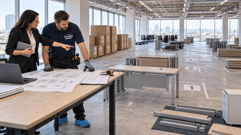Office manager and lead installer reviewing a furniture floor plan inside an unfinished open-plan office