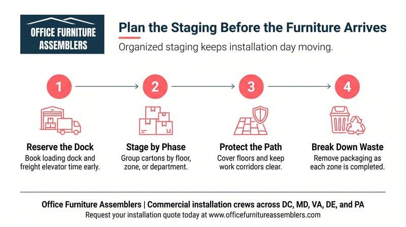 Office Furniture Assemblers infographic: “Plan the Staging Before the Furniture Arrives” with four steps and red icons.