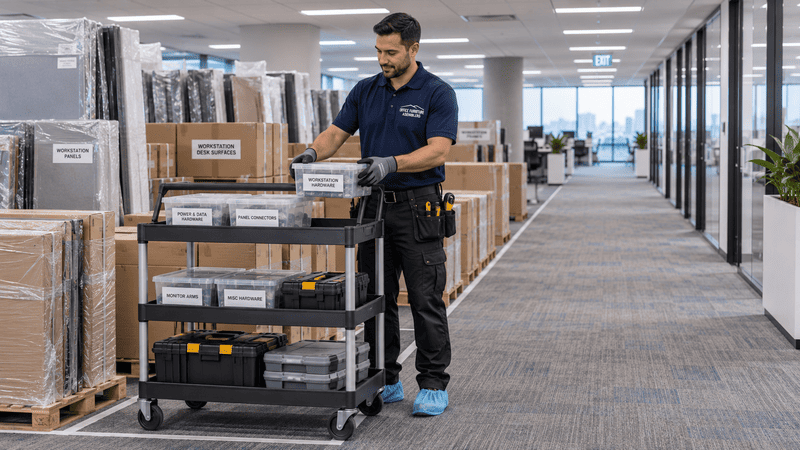 Office furniture technician organizing a staging area while keeping the workplace walkway clear