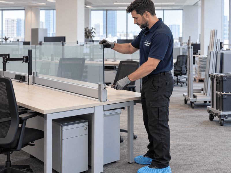 Man in gloves installing a clear divider on a modern office desk