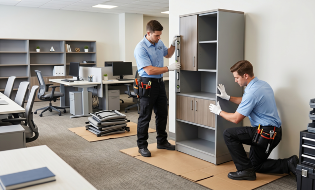 Two workers assembling office furniture in a bright room, one standing and one crouching by a cabinet.