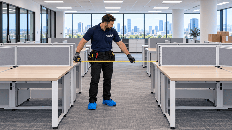 Technician measuring aisle clearance between modular office workstations