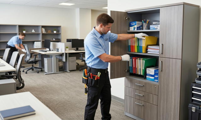 Technician organizing a gray storage cabinet in an office workspace, with desks and another worker in the background