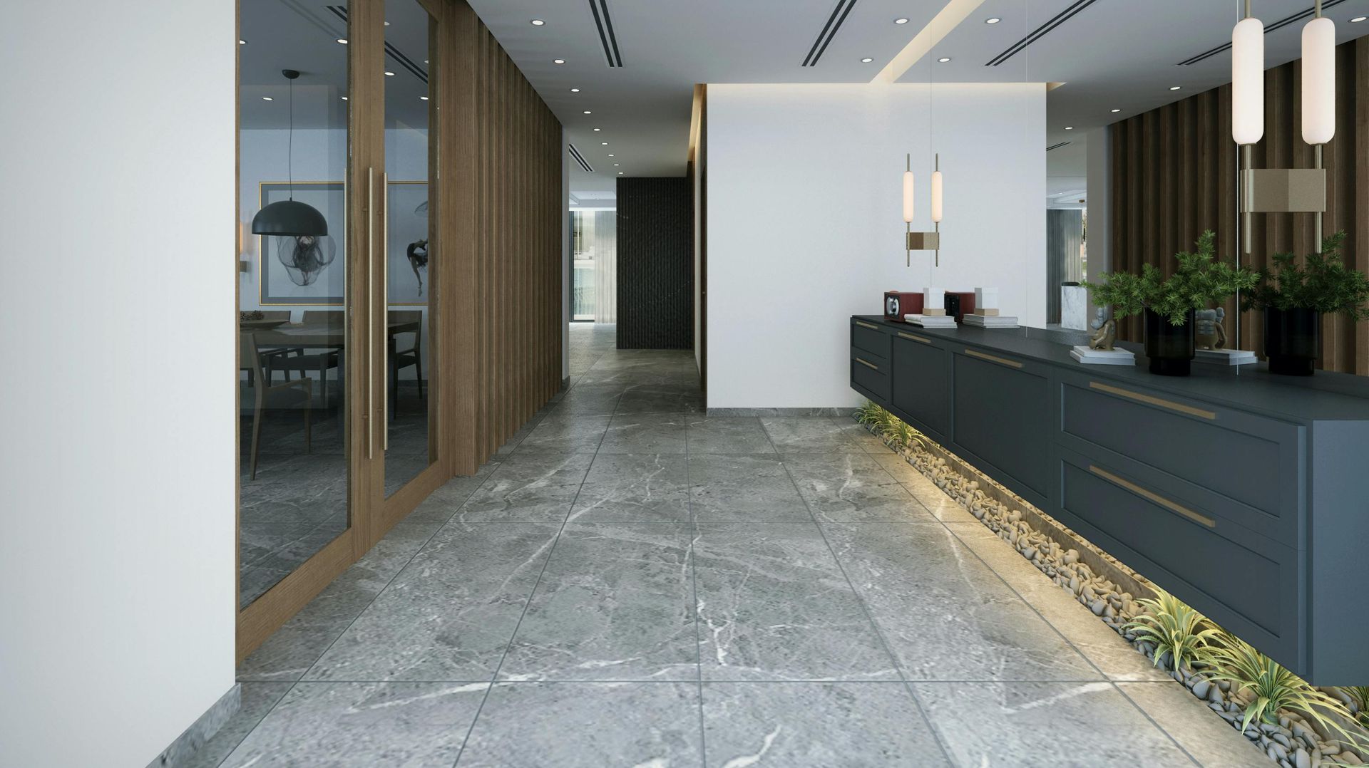 Modern office lobby with gray stone floor, wood walls, and a long dark reception desk with pendant lights