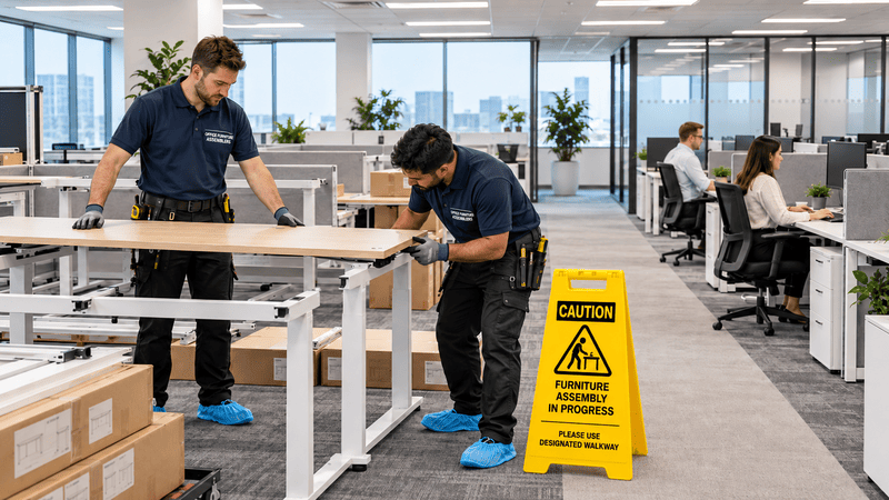Technicians assembling office furniture in one zone while another office area remains operational