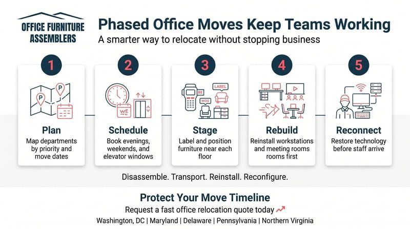 Infographic on phased office moves: plan, schedule, stage, rebuild, reconnect to keep teams working.
